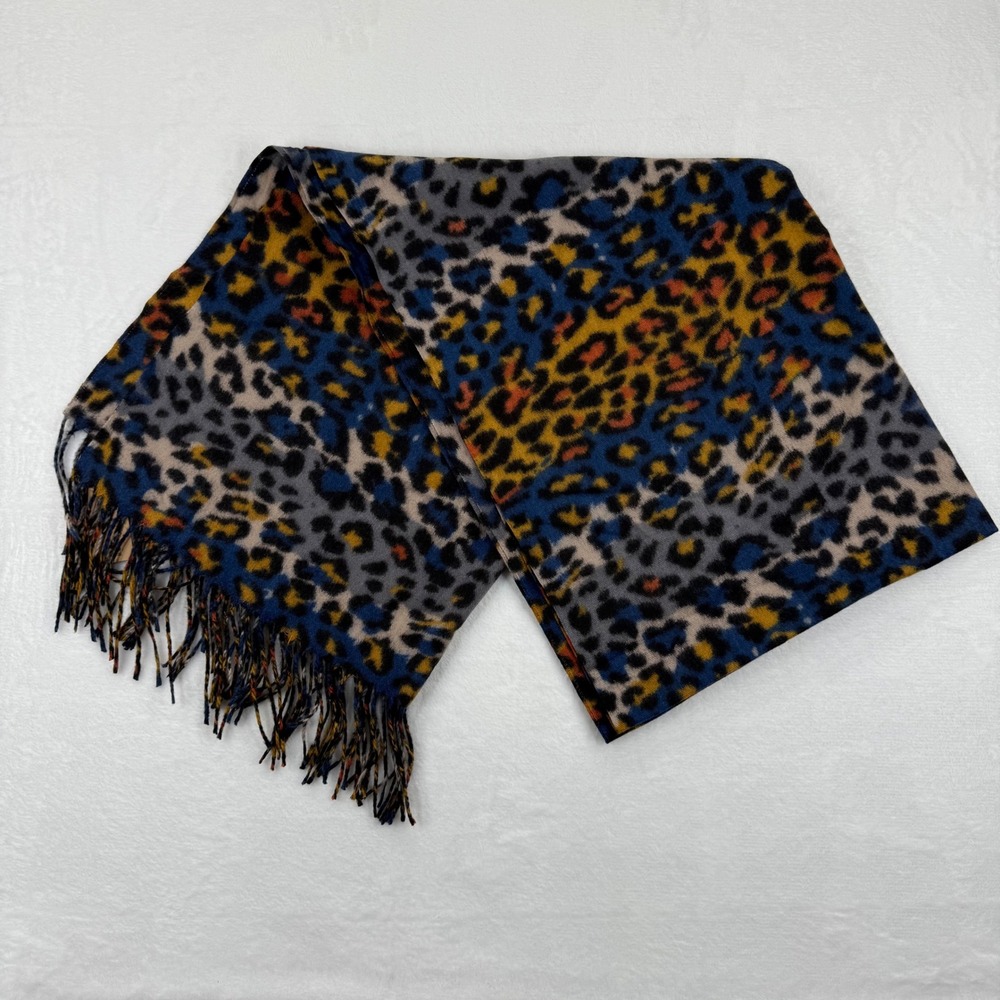 Sunnywind Leopard‎ Print Scarf Blue Yellow Orange Fringe Soft Warm Accessory